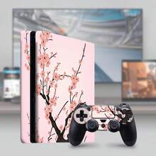 Slim Sticker Set, Pink Cherry Blossom Pattern Waterproof Scratch-Resistant Self-Adhesive Vinyl Game Console Skin, Removable No Residue Includes Full Console + 2 Controller Decorative Film - View 3