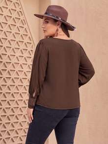Plus Size Bohemian Hollow Lace Coffee Brown Loose Casual Women's Long Sleeve Top - Coffee Brown - View 4