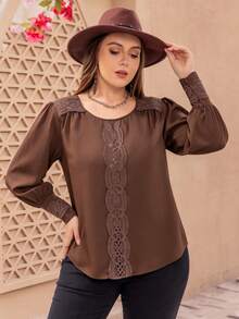 Plus Size Bohemian Hollow Lace Coffee Brown Loose Casual Women's Long Sleeve Top - Coffee Brown - View 1