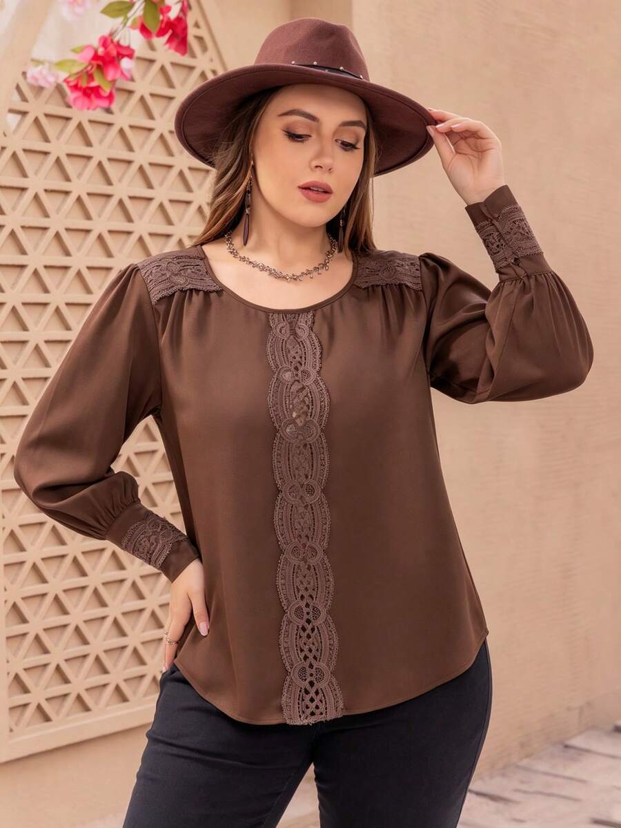 Plus Size Bohemian Hollow Lace Coffee Brown Loose Casual Women's Long Sleeve Top - Coffee Brown - View 1