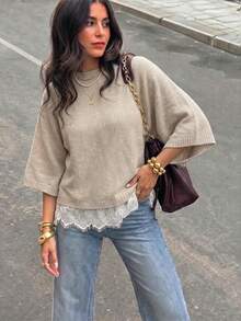 Women's Casual Cute French Elegant Batwing Sleeve Short Sleeve Lace Knit Pullover Sweater Top Fall - Apricot - View 9
