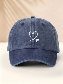1pc Embroidered Double Heart Washed Baseball Cap, With Two Heart Patterns, Outdoor Sun Hat, Baseball Cap, Unisex Style, Essential Item For Outings. - Baseball Cap - View 1