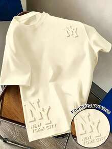 Camiseta de hombre con estampado en relieve - Estilo urbano de Nueva York, cómoda, cuello redondo, tela de moda, diseño llamativo en relieve, camiseta de verano, adecuada para - Caqui - Ver 9