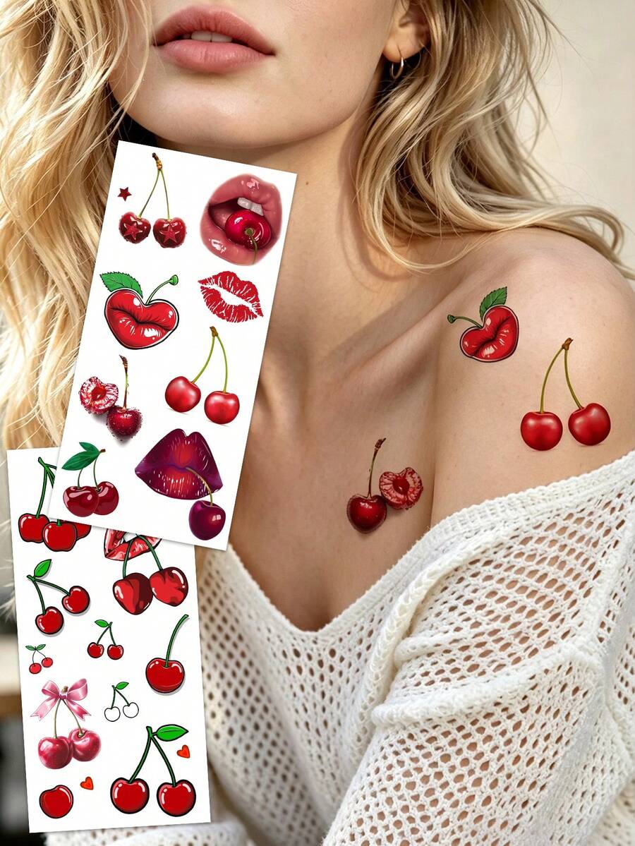 2 Sheets 3D Cherry & Red Lips Temporary Tattoo Stickers, Stereo 3D Cherry And Red Lips Creative Pattern Fake Tattoos, Waterproof Sweatproof Easy To Apply, Ideal For Women For Daily, Dating And Party