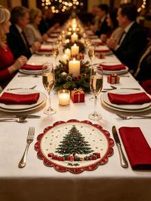 1/2/4pcs Linen Round Placemats, Christmas Tree Snowflake Gift Pattern, Christmas Print, Suitable For Kitchen And Dining Room Decoration. Christmas Family Gathering Party Atmosphere Table Decor, Utensils Not Included - Multiple Styles - View 8