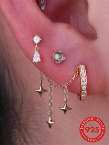 1pc 925 Sterling Silver Star Dangle Earring Chain Industrial Barbell Triple Stars Charm Chain/18K Gold Plated Helix Conch Lobe Nose Piercing Chain - Gold - View 1