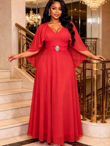 Women Elegant Red Chiffon Cape Sleeve V-Neck Maxi Dress,Rhinestone Brooch Waist Formal EveningGown Wedding Guest Birthday Party Christmas - Red - View 2