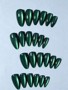 24pcs Long Almond Glossy Press-On Nails, Green Cat Eye Acrylic, Short Almond Nail Design, Perfect Fit, Set Includes: 1 Jelly Glue And 1 Nail File - Green - View 3