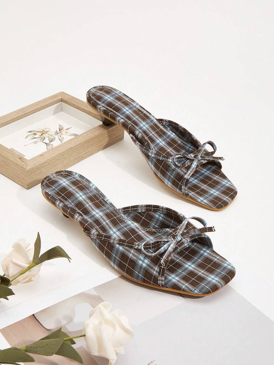 Sandal nữ đi làm văn phòng dáng slip-on gót thấp, mũi vuông hở ngón, màu xanh nhạt, họa tiết kẻ caro thắt nơ thanh lịch cho Giáng Sinh - Màu xanh nhạt - Xem 1