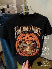 Camiseta Y2K divertida de manga corta con estampado de Halloween, primavera‑verano‑otoño, 1 pieza, unisex para pareja, cuello redondo, uso interior y exterior, para oficina, ocio y deporte - Negro - Ver 2