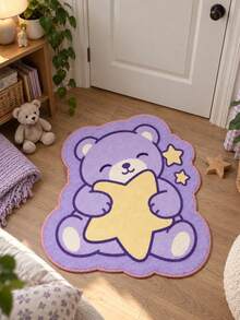1pc Bear Hugging Star Shaped Area Rug, Lilac Butter Yellow Pastel Novelty Floor Mat, Soft Plush Character Shape Design, Lands Foot Of The Bed, One For New Parents, Warms A Cold Nursery Floor, Kids Room Refresh - Purple - View 2