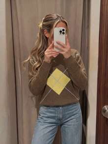 Women's Fashion Autumn/Winter Contrast Color Round Neck Drop Shoulder Fitted Ribbed Regular Casual Versatile Daily Wear Sweater Top - Brown - View 8
