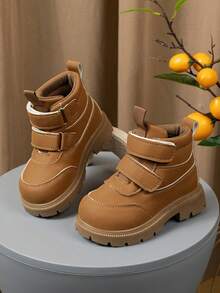 Boys' Energetic Caramel Camel Double Hook & Loop Ankle Boots, Thick Sole Round Toe Design, Suitable For Outdoor Outings And Autumn/Winter Outfits - Camel - View 2