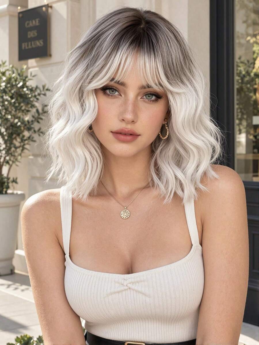 Ombre Golden Short Wavy Curly Wig With Bangs, Platinum Blonde Bobo Head, Heat-Resistant Synthetic Wig, Suitable For Women's Daily And Party Wear, Halloween