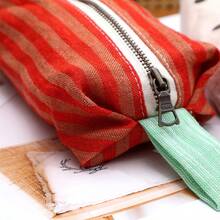 1pc Striped And Polka Dot Linen Pencil Case, Ins Style Large Capacity Zippered Bag With Handle, Back To School Student Stationery Bag - Multicolor - View 5