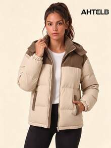 AHTELB Women's Winter Color-Block Patchwork Hooded Padded Coat, Thickened Thermal Lining Heat-Locking Warm Jacket, Ribbed Cuffs Stand Collar Jacket, Side Pockets For Hand Warming, Outdoor & Home Wear Loose Fit Comfortable Versatile Warm Clothing.Hooded Color‑Block Padded Coat, Warm Filling, Ribbed Cuffs, Hand Pockets, Loose Fit - Khaki - View 4