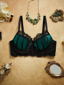 PinupPomp 4pcs Set Plus Size Women's Embroidered Lace Underwire Single Layer Bra, Satin Push Up Low Waist Thong Panty, Garter Belt, Leg Rings - Dark Green - View 17