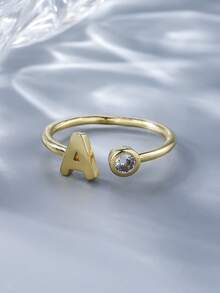 1pc Minimalist Single Zirconia A Letter Open Ring, Suitable For Women's Daily Commute, Versatile For Dates[Brass Ring] - SJZ-085A - View 4
