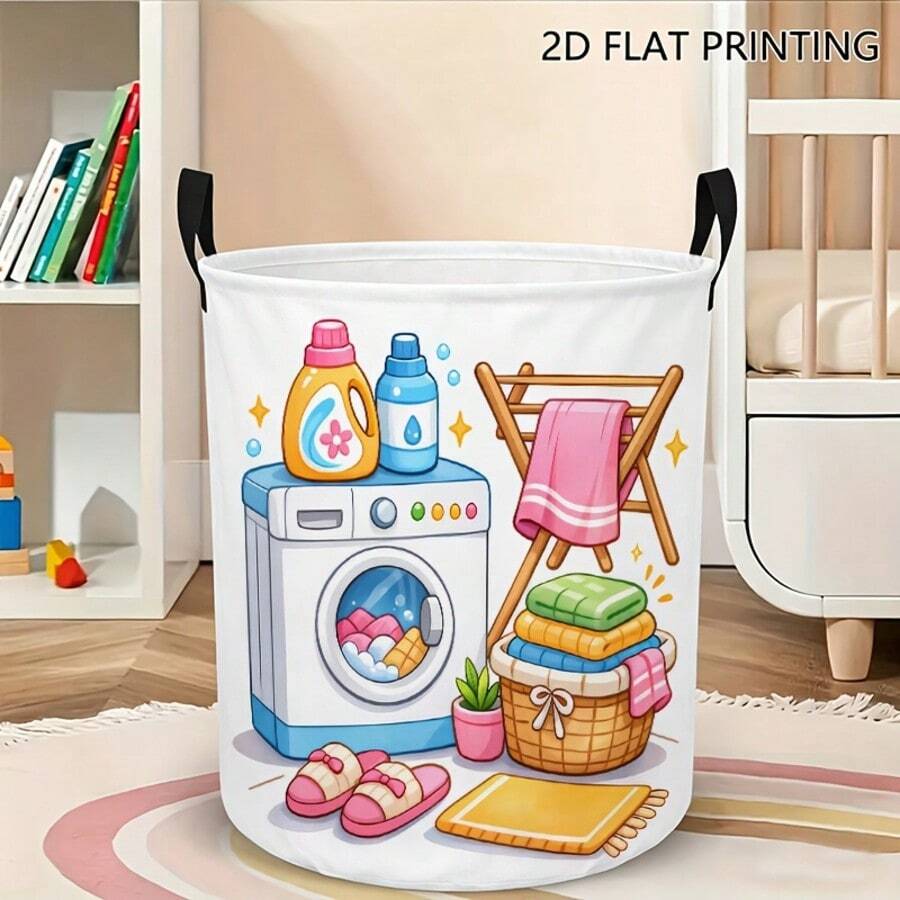 Cute Home Laundry Scene On A White Background With A Foldable Fabric Storage Bucket, Portable Laundry Basket, Featuring A Drying Rack And Detergent/Slipper Patterns, Suitable For Home Bathroom Decoration And Storage - Multicolor - View 1