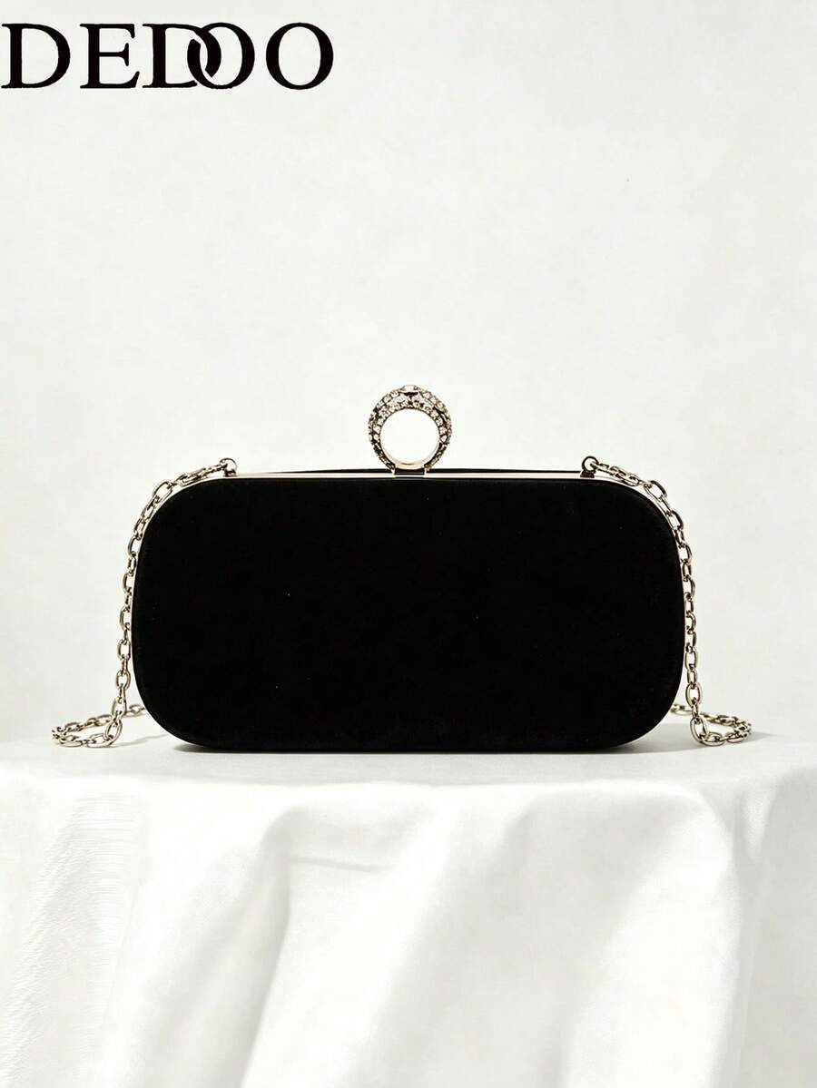 女款晚宴手拿包，長方形純色麂皮手提包，水鑽環扣，優雅奢華風，適合婚禮派對舞會之夜