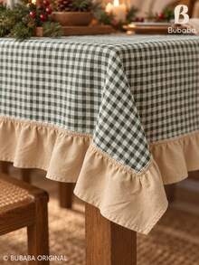 Bubaba 1pc Green Plaid Ruffle Edge Tablecloth, Vintage Pastoral Christmas Rectangular Dining Tablecloth, Beige Ruffle Edge, Bohemian Kitchen Holiday Decor - Green - View 11