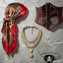 4Pcs Pirate Cosplay Accessory Kit, Retro Printed Bandana, Lace Up Corset Belt, Stacked Coin Necklace & Skull Eyepatch For Halloween Themed Party - Multicolor - View 12