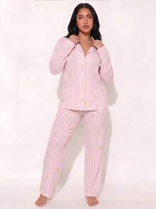 2pcs Set Piyama Wanita Longgar Nyaman Bernapas Atasan Lengan Panjang dan Celana Panjang - Berwarna merah muda - View 5