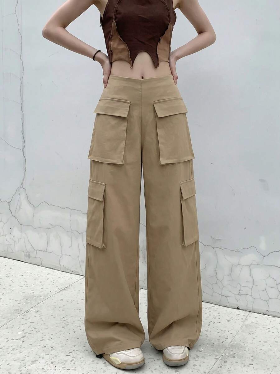 Women High Waist Multi Flap Pocket Wide Leg Cargo Pants, Solid Loose Drawstring Hem Streetwear Trousers,Halloween