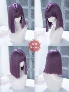 alicegarden 14-Inch Long Synthetic Short Bob Wig Featuring A Natural Straight Style A Stunning Purple. Designed With Bangs , This False Hairpiece Is Perfect For Ms Daily Party Cosplay Use, Offering A Natural And Natural Durable Wig Gift For Ladies. - Purple - View 7