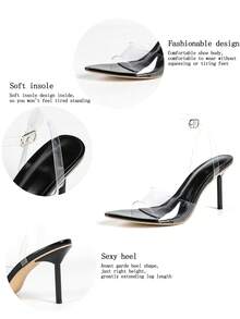 Women Elegant Clear PVC Pointed Toe Ankle Buckle Sandals, Transparent Upper Stiletto Night Out Heels - Clear - View 6