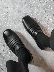 ZCZ 男士抓皺方頭兩穿式樂福鞋，套腳平底後跟可穿式休閒鞋 - 黑色 - 查看 3