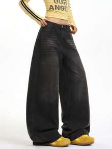 1pc Women's Casual Loose Fit Distressed Straight Leg Jeans, Comfortable Wide Leg Denim Pants, Fashionable Streetwear, Suitable For All Seasons (Belt/Accessories Not Included) - Black - View 3