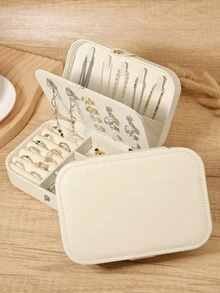 1pc Casual Chic Multi-Layer Jewelry Organizer Box With Snap Closure, Portable Travel Accessory Storage For Earrings, Necklaces, Rings, Easy To Carry - White - View 7