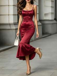 DONICY Women's Elegant Burgundy Satin Spaghetti Strap Midi Dress,Shiny Fabric With Ruched Waist And Ruffle Hem,Perfect For Summer Party And WeddingGuest Wear - Burgundy - View 7