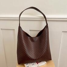 Men's Woven Texture Tote Bag, Large Capacity Minimalist Commuter Shoulder Bag, Casual Vintage Soft Leather Handbag For Daily Travel - Multicolor - View 7