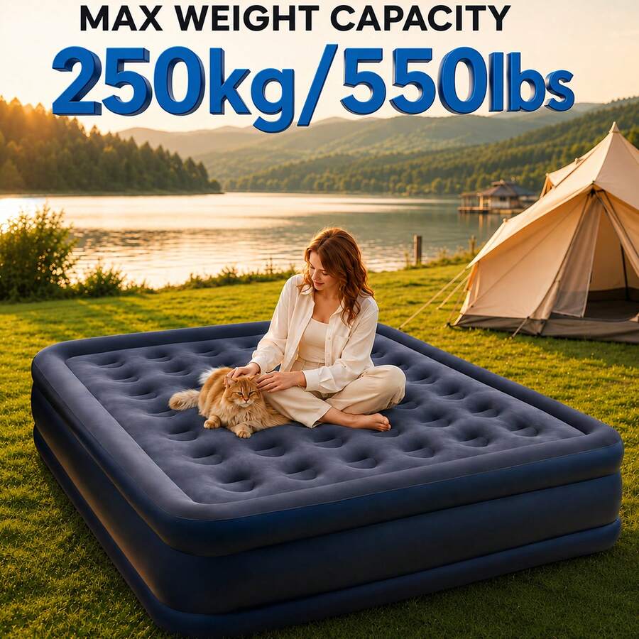 Single Plush Inflatable Air Mattress, Honeycomb Support Portable Air Bed, Lightweight Flocked Air Mattress For Camping, Travel, Guest Room & Temporary Bedding - Navy Blue - View 1