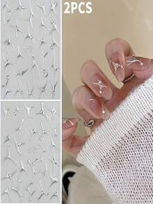 2pcs Autumn Rhinestone Silver Foil Embossed Nail Stickers, Shiny Long And Short Nail Decals - Silver - View 6