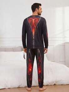 Men's Halloween Themed Pajamas, Skeleton Flame Print Long Sleeve Top + Pants, Fun Design Holiday Party Outfit Recommendation - Black - View 2