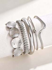 5pcs Vintage Casual Fashion Geometric Disc Hammered Textured Twisted Asymmetrical Wavy Bracelet Set Suitable For Women Daily Wear, Vacation And Holiday - Silver - View 3