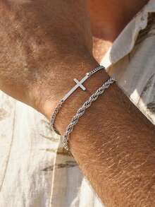 2pcs Minimalist Silver Color Stainless Steel Cross & Twisted Chain Bracelet Set For Men Daily Party Stackable Jewelry Gift - Multicolor - View 5