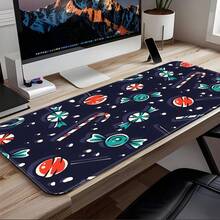 1pc Deep Navy Christmas Candy Pattern Large Extended Mouse Pad - Extended Navy Blue Base Christmas Candy Print Desktop Keyboard Mat, Stitched Edge Soft Fabric Material, Non-Slip Rubber Bottom. Smooth Fabric Surface, Precise Mouse Movement, Suitable For Home Office, Gaming, Can Be Given As A Christmas Gift To Friends. - View 1