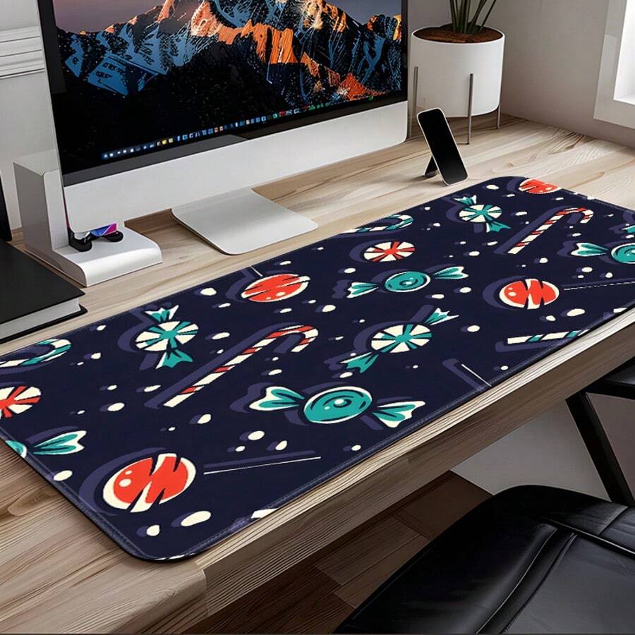 1pc Deep Navy Christmas Candy Pattern Large Extended Mouse Pad - Extended Navy Blue Base Christmas Candy Print Desktop Keyboard Mat, Stitched Edge Soft Fabric Material, Non-Slip Rubber Bottom. Smooth Fabric Surface, Precise Mouse Movement, Suitable For Home Office, Gaming, Can Be Given As A Christmas Gift To Friends. - View 1