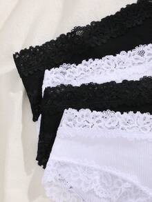 4件組女款簡約舒適蕾絲拼接羅紋三角內褲內衣 - 黑與白 - 查看 4