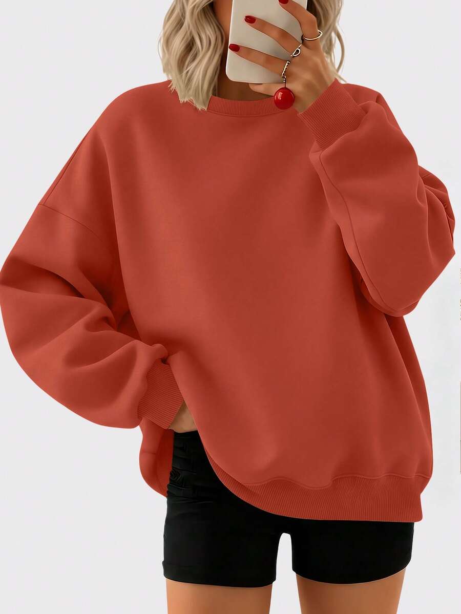 Speed mate Women's Oversized Drop Shoulder Sweatshirt - Solid Color Long Sleeve Crew Neck Pullover, Suitable For Autumn/Winter | Casual Loose Athletic Style Sweatshirt - Coral Orange - View 1