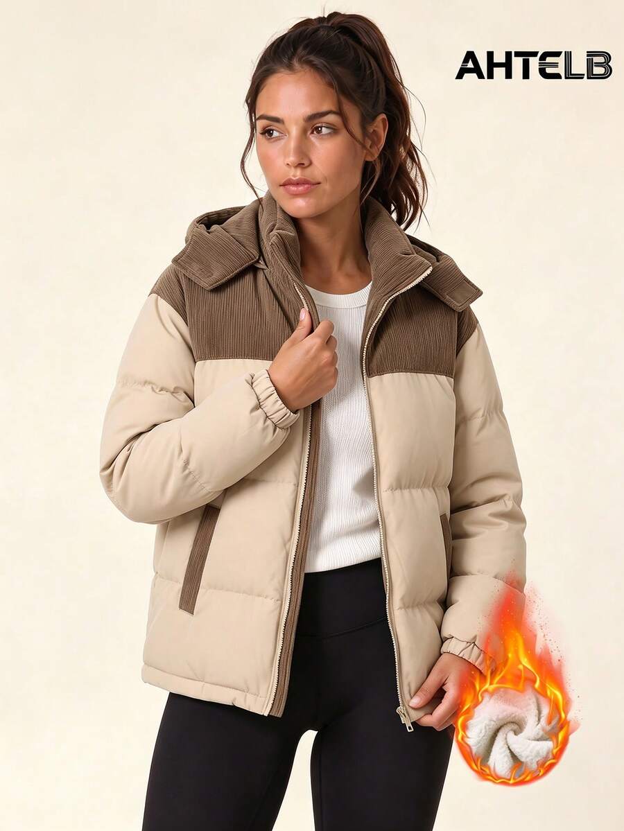 AHTELB Women's Winter Color-Block Patchwork Hooded Padded Coat, Thickened Thermal Lining Heat-Locking Warm Jacket, Ribbed Cuffs Stand Collar Jacket, Side Pockets For Hand Warming, Outdoor & Home Wear Loose Fit Comfortable Versatile Warm Clothing.Hooded Color‑Block Padded Coat, Warm Filling, Ribbed Cuffs, Hand Pockets, Loose Fit - Khaki - View 1