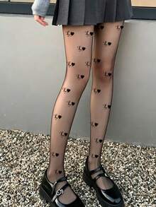 1 Pair Y2K Sweet Cool College Style Printed Sheer Tights, Moon Butterfly Heart Letter Print, Ultra-Sheer, Slimming Pantyhose For JK & Hot Girl Outfits - Black - View 3
