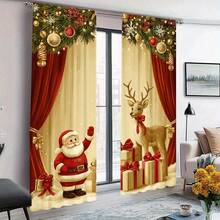 2pcs Santa Claus Holiday Scene Curtains: Adopting A Modern Pole Bag Design, Easy To Install, And Machine Washable. Very Suitable For Living Room, Bedroom, Kitchen, And Office - Multicolor - View 9