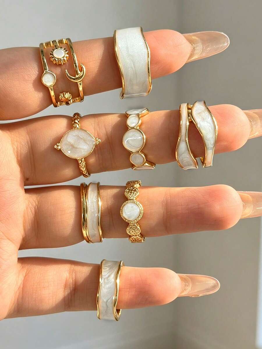 8pcs Multi-Layered Fashion Minimalist Elegant Exquisite Vintage Design Star Moon Sun White Drip Oil Geometric Ribbon Asymmetrical Texture Metal Style Rings Set, Holiday Vacation Party Date Gift, Daily Commute Wear, Personalized - Yellow Gold - View 1