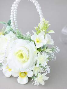 1pc Faux Pearl Double Hoop Bouquet, Artificial White Rose & Greenery Handheld Flower, Bridal Wedding Photo Prop - White - View 6