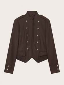 Women's Double-Breasted Napoleon Military Style Open Front Jacket - Chocolate Brown - View 4